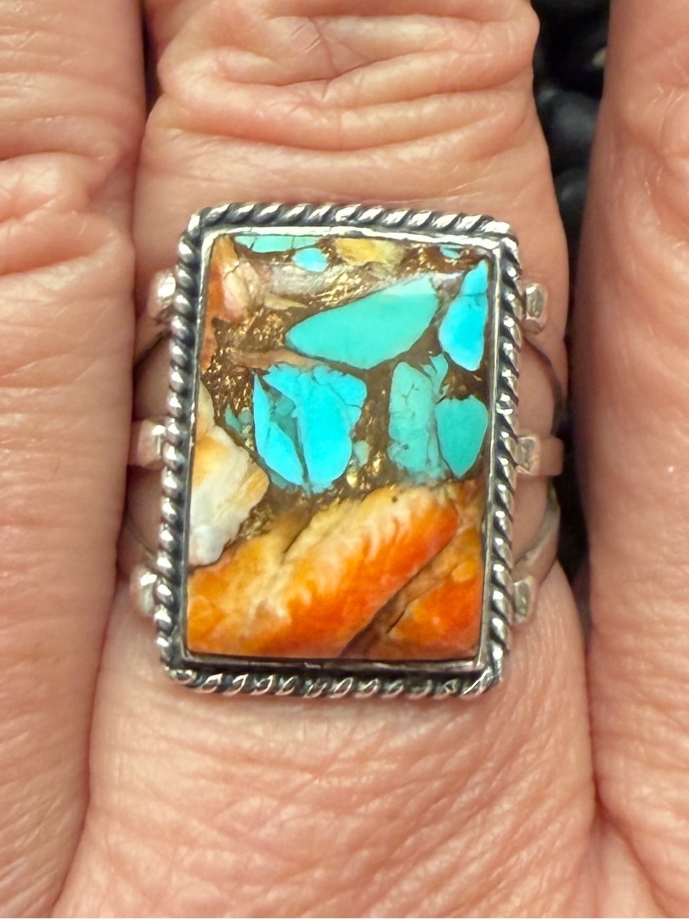 Turquoise and Orange Sterling Silver Statement Ring